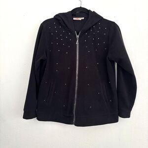 Quacker Factory Womens Fleece Hoodie Large Full Zip Rhinestone Embellished